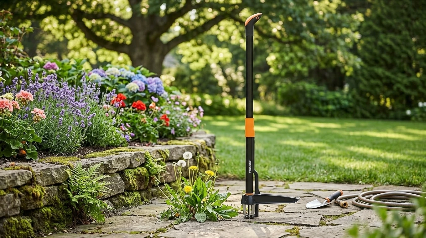 A Fiskars Weed Puller is a long-handled garden tool designed to remove weeds from the soil by gripping them near the root. Instead of using a short hand tool, you position the puller over the weed, press it into the soil, and use the handle to lift the weed.